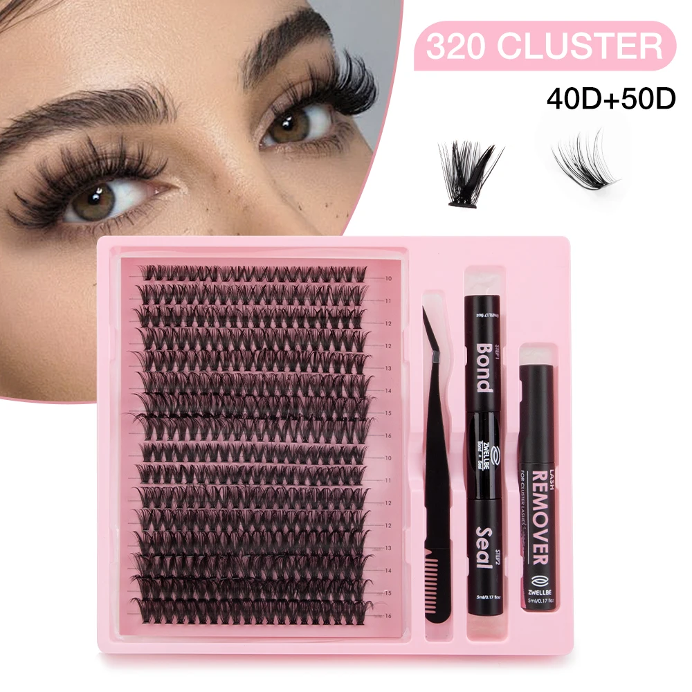 DIY Lash Extension Kit Volume Thin Band Clusters 40D+50D 320pcs Black Individual Lashes Bond and Seal  Remover and Lash Tweezers