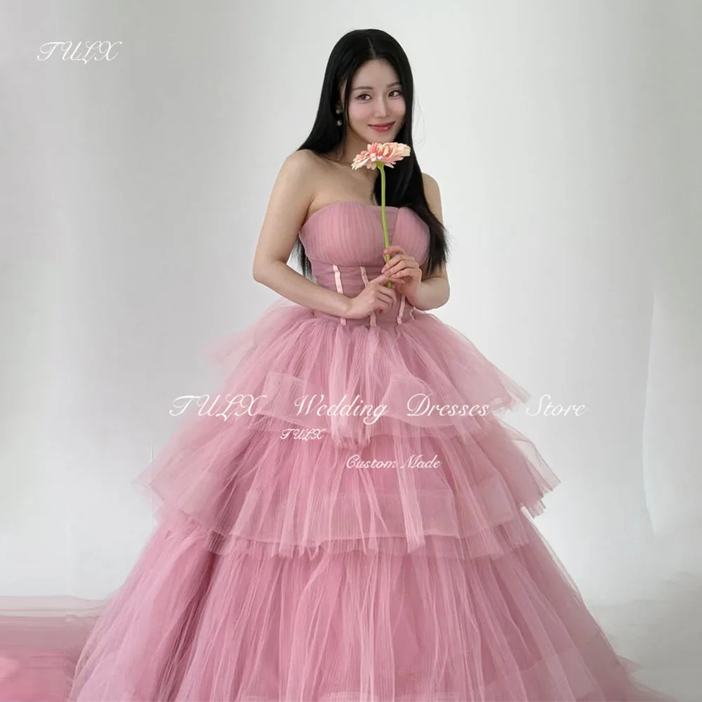 

TULX Fairy Tulle Pink Corset Korea Wedding Dress Photo Shoot Strapless A line Bridal Gowns Floor Length Tiered 웨딩드레스 Customized