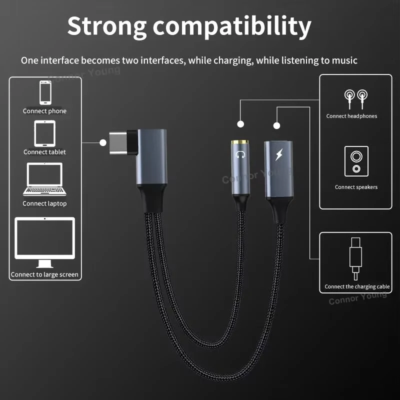 OTG 2 in 1 Elbow Usb Type C to 3.5mm HiFi Earphone Jack PD 30W Super fast charge Audio Aux Adaptor For iPhone 16 Galaxy S24 S23