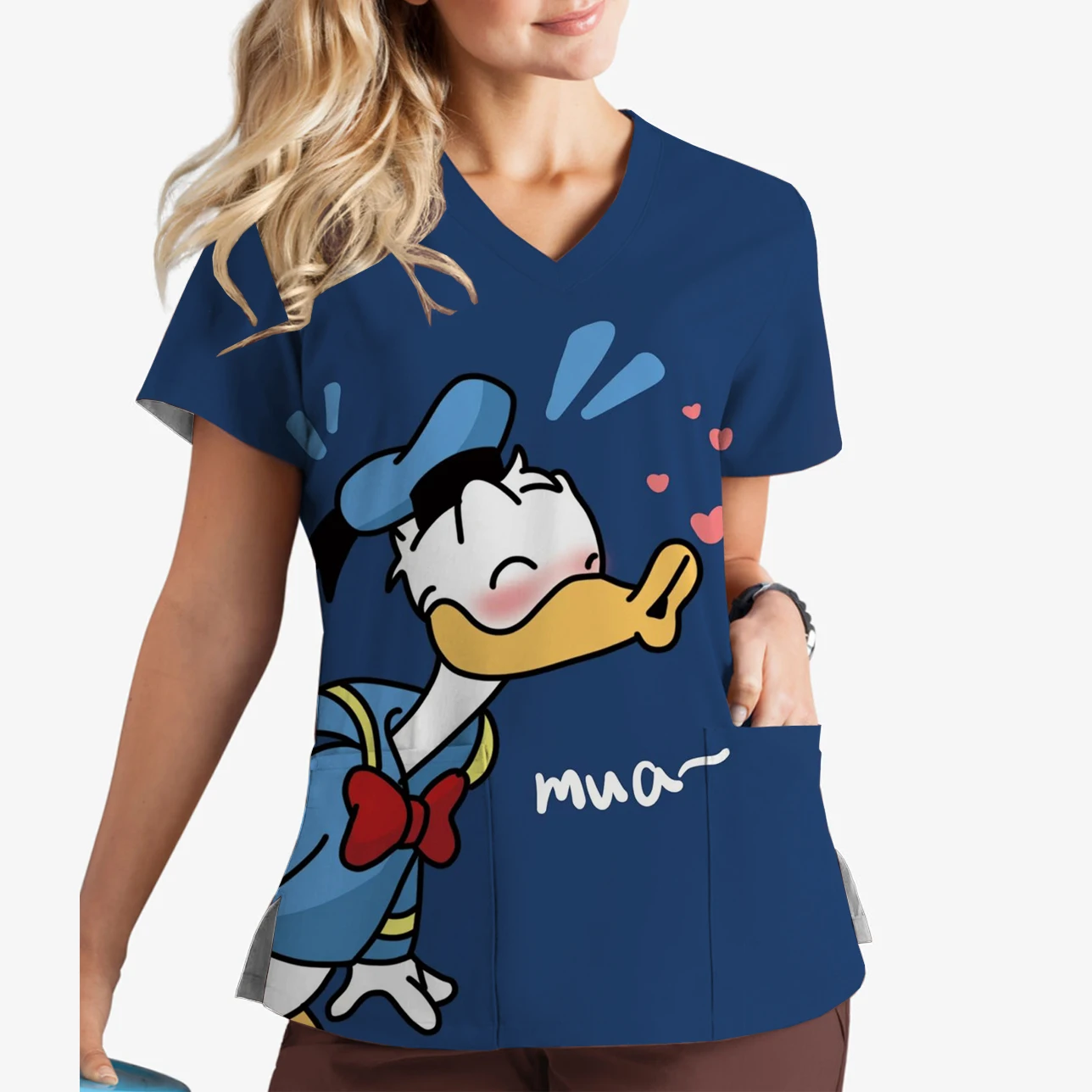 Beauty Workwear Nurse Accessories Disney Donald Duck Daisy Print Hospital V-Neck Print Scrub Top Women's Clothing Uniform