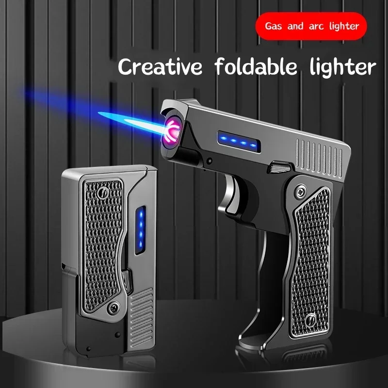 Unique Windproof Gas-Electric Plasma Rechargable USB Lighter Gift for Men Folding Gun Butane Torch Turbo Jet Flame Cigar Lighter