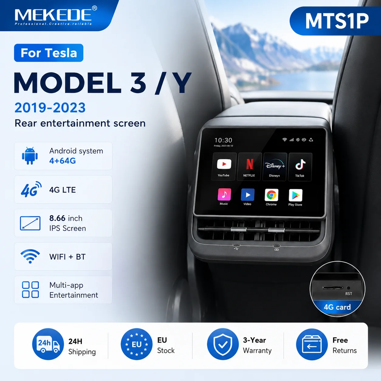Écran de divertissement arrière MEKEDE 8,66 pouces pour Tesla Model Y 3, contrôle de la climatisation, réglage des sièges, lecteur multimédia, système Android, 4+64G DSP, 4G LTE, livraison rapide depuis l'entrepôt UE