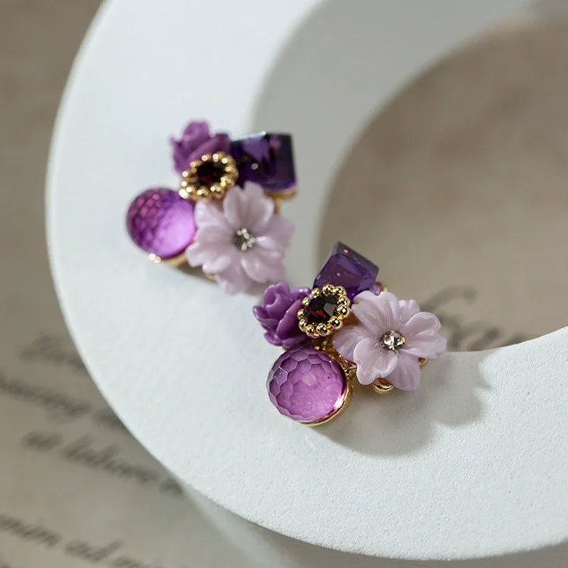 Trendy Purple Crystal Flower Earrings for Women Sweet Acrylic Round Suqare Stud Earrings Party Elegant Jewelry pendientes mujer