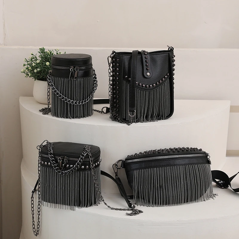 Luxury Designer Cylinder Bag Ladies Fashion Rivet Shoulder Bags Fringed Small Mobile Phone Crossbody Purse Summer Chain Borse