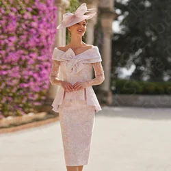 Vintage Pink Mother of the Bride Dresses Lace Mother Gowns Mid Calf Length 3/4 Sleeves Beading Wedding Party Dress Off Shoulder