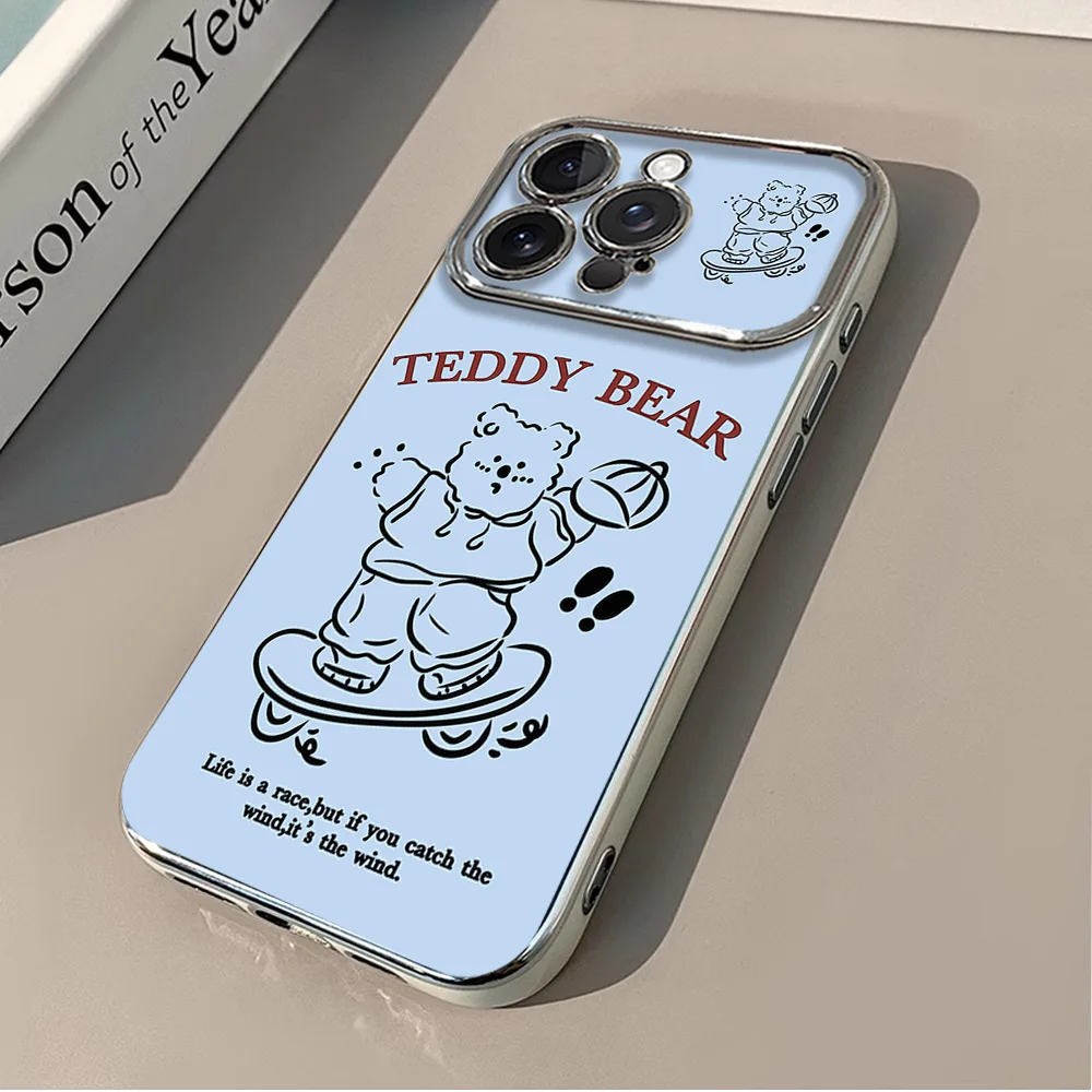 Cute Ins Skateboard Bear Cartoon Blue Electric Ferry Large Window Phone Case For IPhone 12 11 13 14 15 16 Max Pro Plus Shell