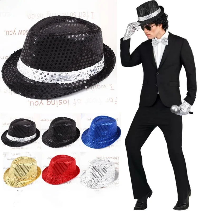 Stage Dance Party Hip Hop Sequins Jazz Hat Glitter Cowboy Caps Performance Show Costume Props Shiny Beading Clown Magician Hat