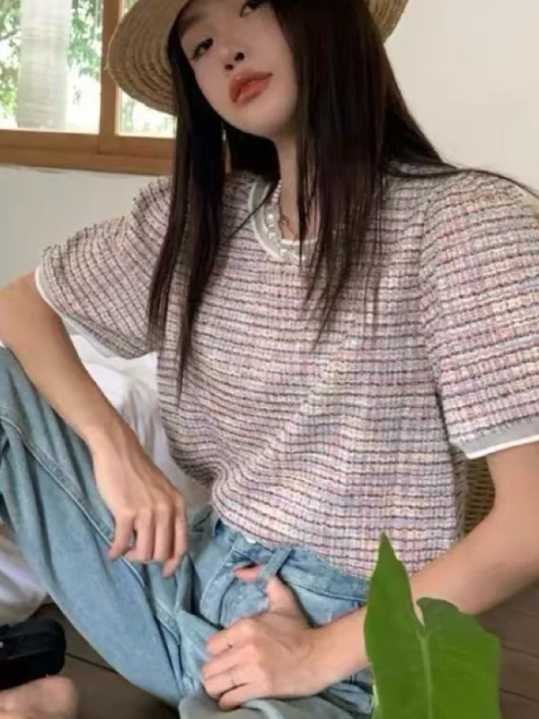 

Шикарная женская футболка в клетку с рукавами-фонариками, свободного кроя, с круглым вырезом, в стиле колор-блок, из жатого трикотажа, милый молодежный летний топ