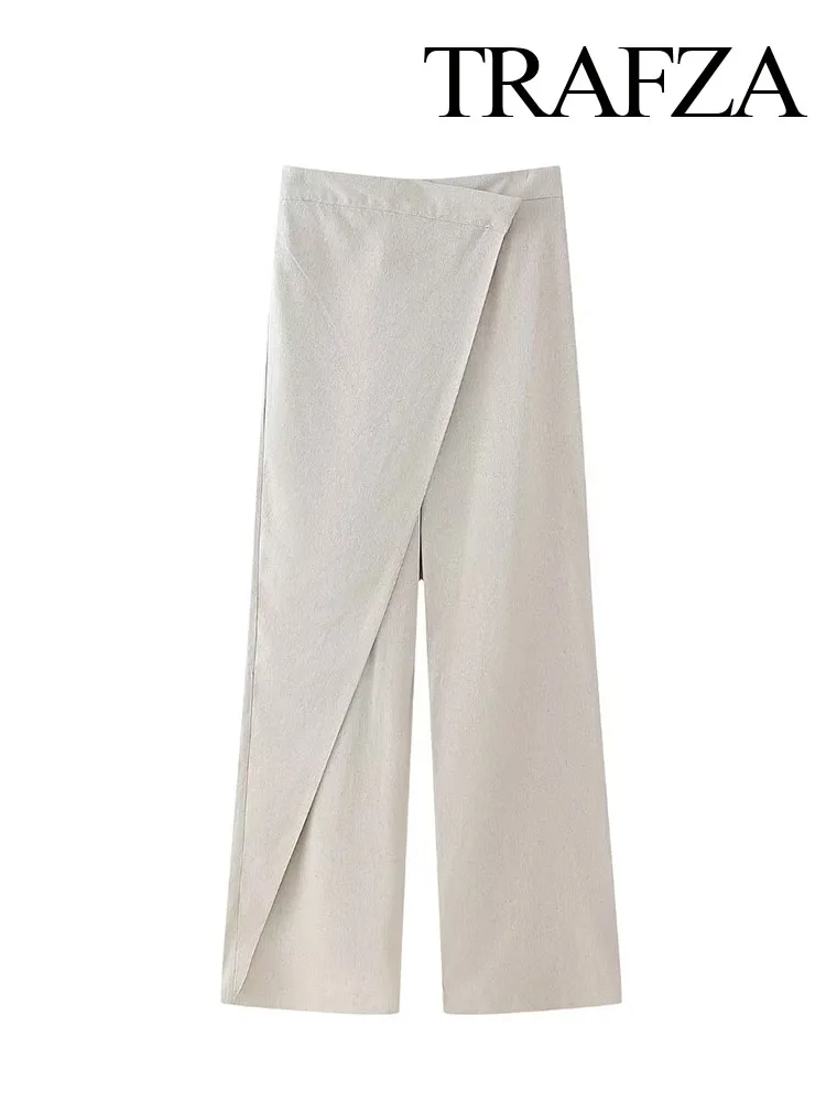 

TRAFZA Women Summer New Chic Beige Solid Pants Pockets Button Zipper Decorative Female Wide Leg Wrapped Pants Street Wear Mujer