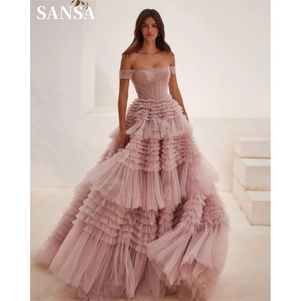 Sansa Pink Off Shoulder Tulle Prom Dress Multilayer Customized Vestidos De Fiesta Lace Up Back Sleeveless Evening Dress 2024