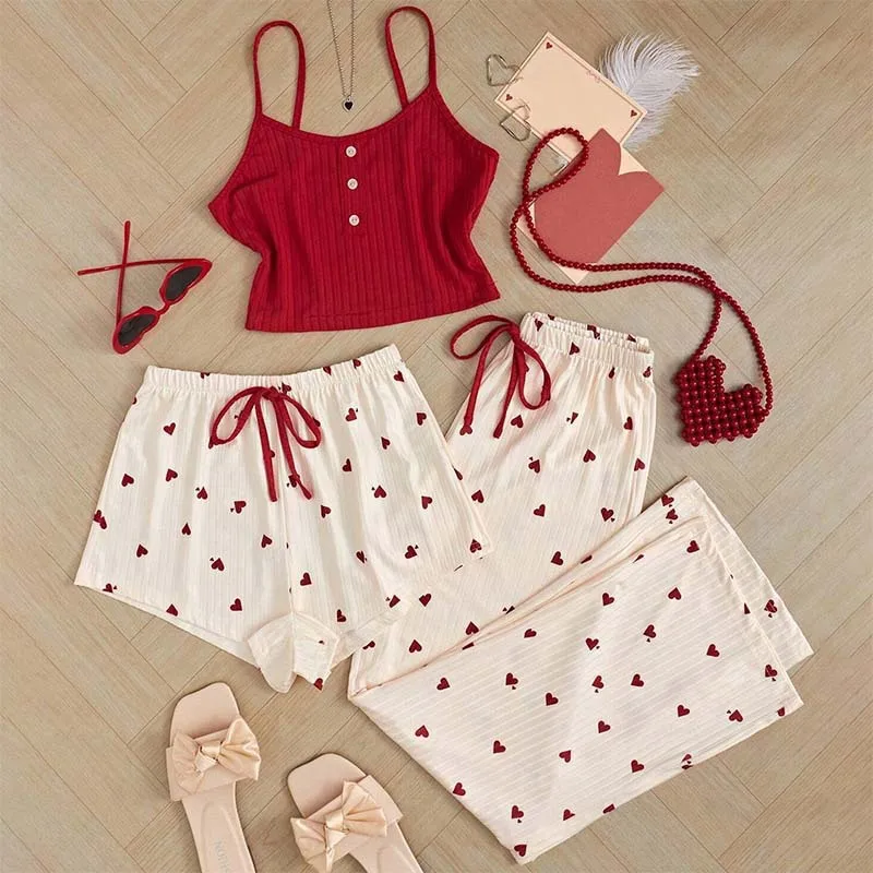 

Three Piece Sleepwear Set Women's Casual Heart-Shaped Printed Vest and Shorts and Pants Paired with Ribbed Fabric for Homewear