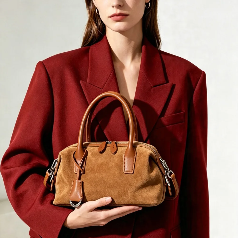 Frosted Cowhide Women's 2026 New Autumn and Winter Retro Commuter Portable Messenger Bowling Bag Texture Unique Fashion