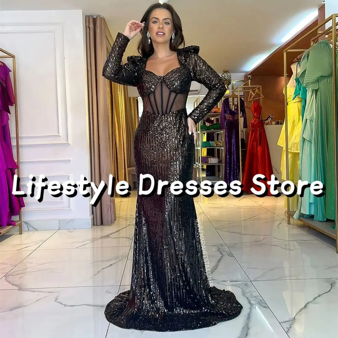 

Sparkly Sequins Long Sleeves Long Evening Dresses 2024 Mermaid Backless Formal Party Gown Customize vestidos de gala