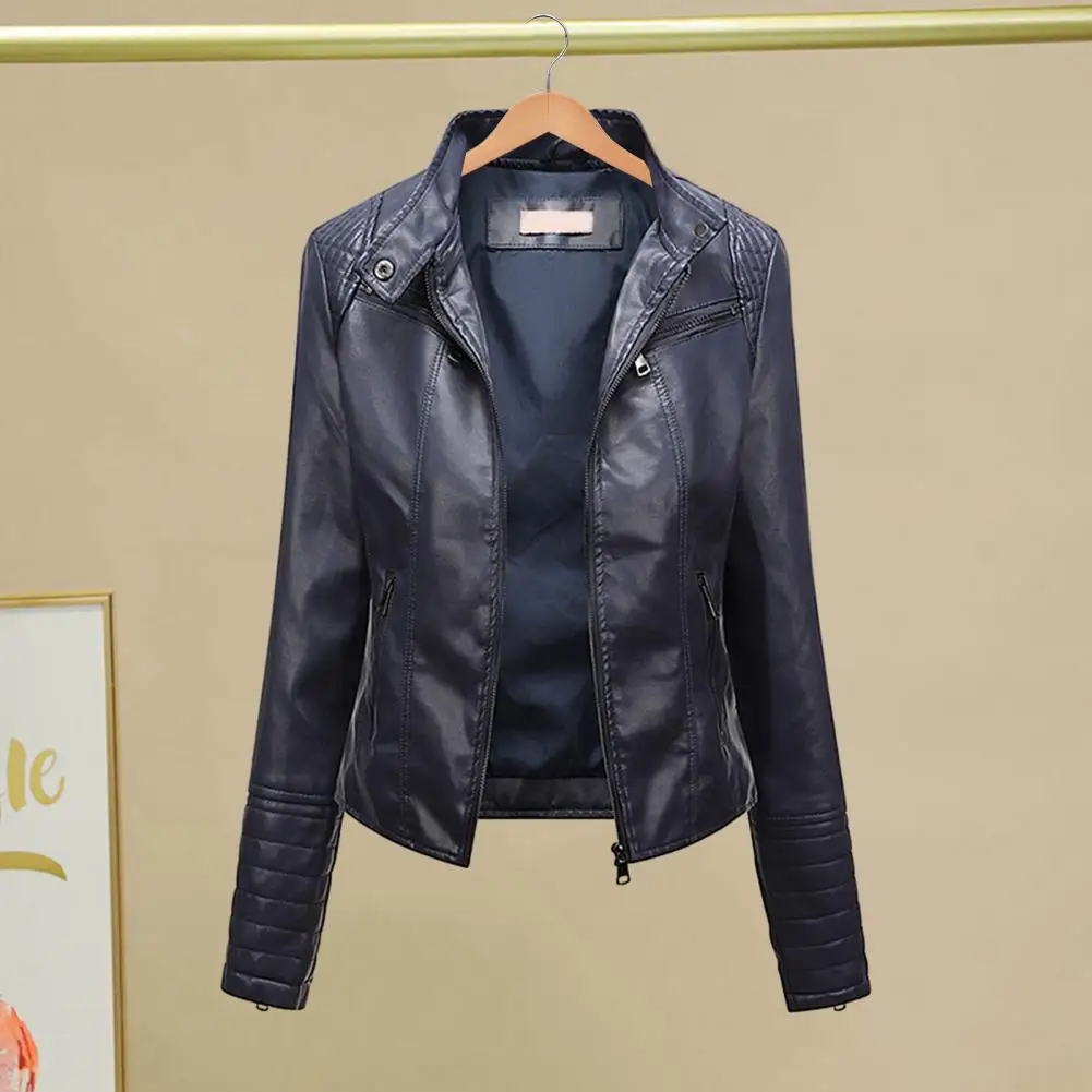 Veste en similicuir pour femme, col montant, taille serrée, manches longues, patte de boutonnage, manteau de motard, style fin, vêtements d'extérieur polyvalents