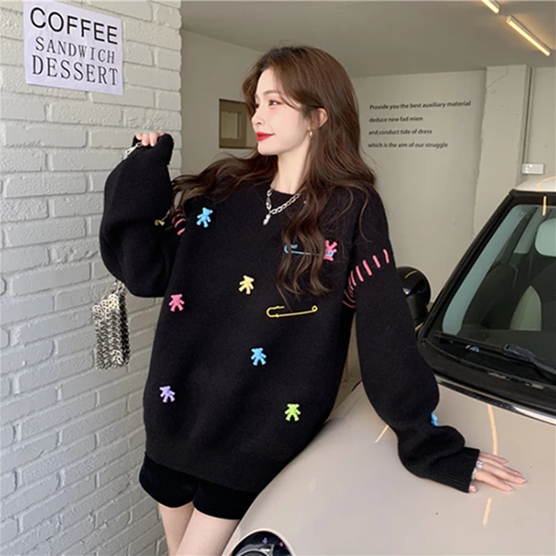 Korean Kawaii Sweater Women Autumn Winter Bear Embroidery O-neck Long Sleeve Loose Pullovers Tops Fashion Casual Knitwear Jumper