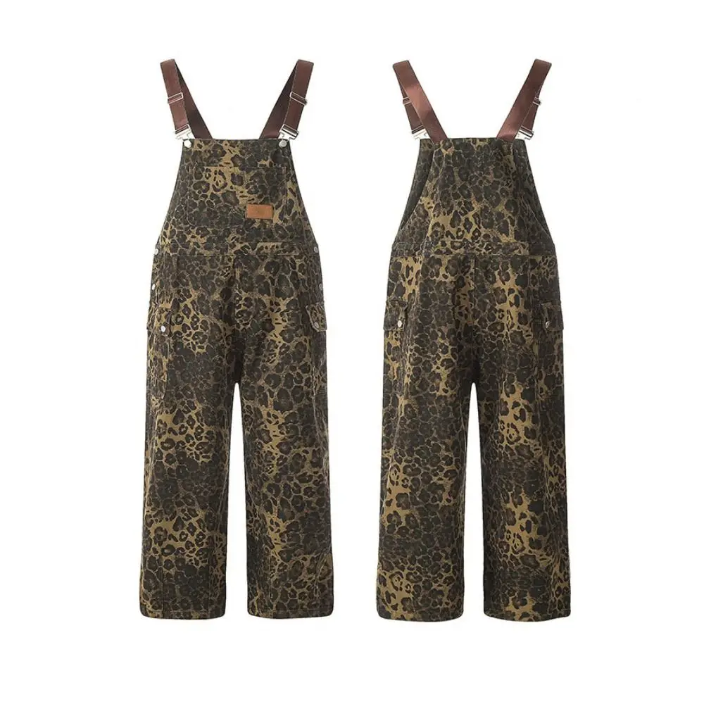 Moda baggy leopardo impressão macacão perna larga cintura alta macacão feminino y2k retro perna reta leopardo impressão calças senhora
