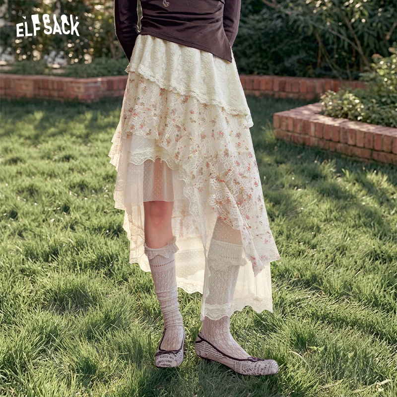 ELFSACK Women's Asymmetrical Lace Midi Skirt with Floral Print, Elegant Ruffle Layered Skirt, Sweet Autumn Skirt for Daily