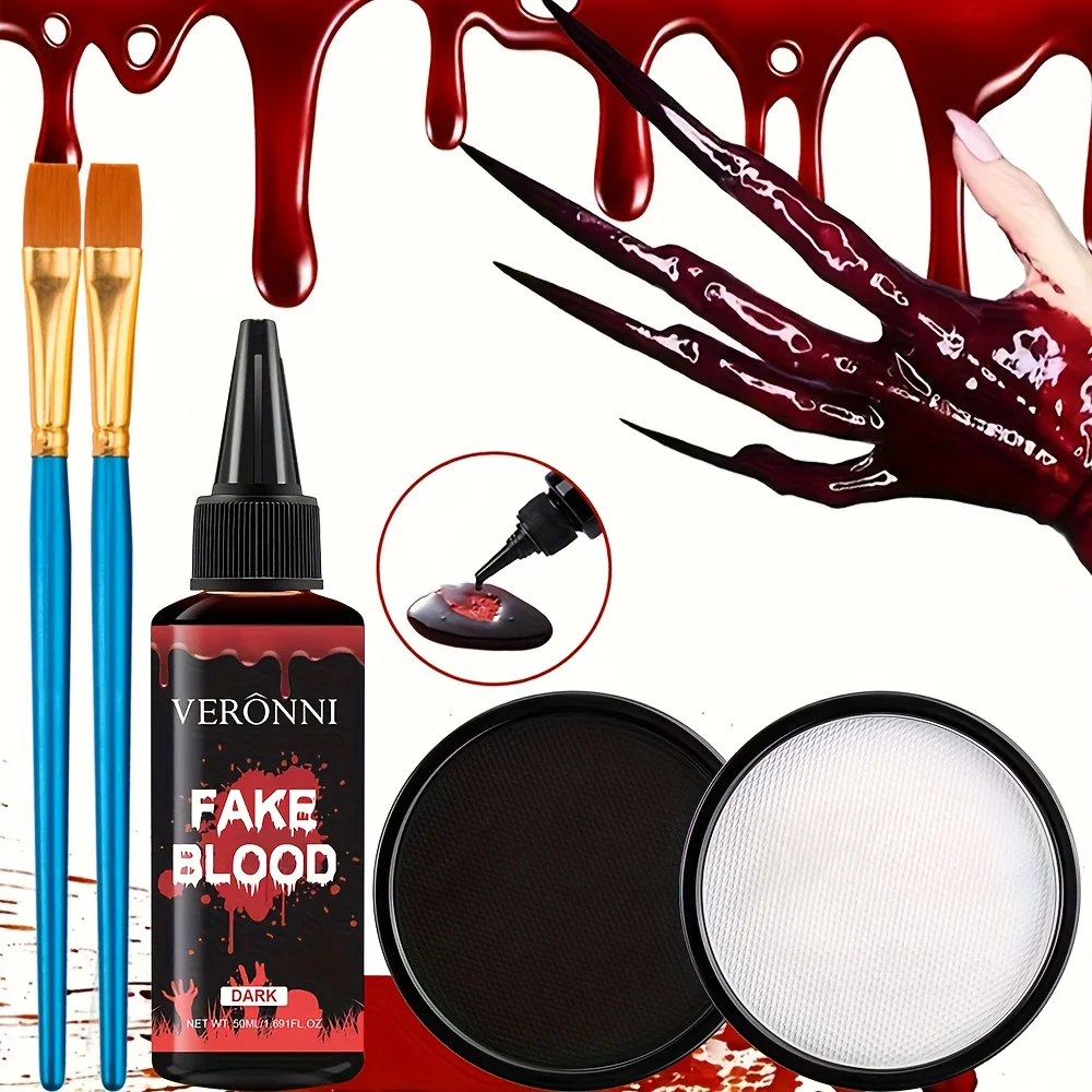 ชุดแต่งหน้าเลือดปลอมสมจริง 5 ชิ้น พร้อมสีทาหน้าสูตรน้ำสีดำและสีขาว และแปรง 2 อัน เหมาะสำหรับวันฮาโลวีน คอสเพลย์ และซอมบี้