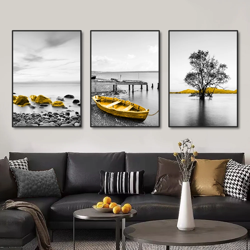 3PCS Golden Boat Stone Lake Landscape Poster Wall Art Picture Canvas Painting Print Pictures for Living Room Home Decoration