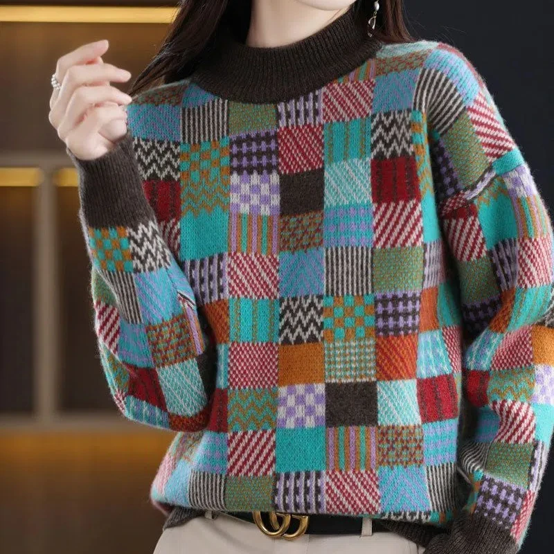 Korean Fashion Autumn Winter Sweaters Women\'s Mock Neck Plaid Contrast Color Thicken Long Sleeve Loose Pullovers Knitted Tops