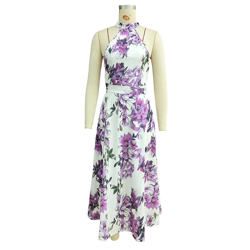 Vestido bohe elegante sin mangas con cuello Halter, vestido de vacaciones drapeado con estampado de moda de verano, vestido largo ajustado informal de cintura alta para mujer