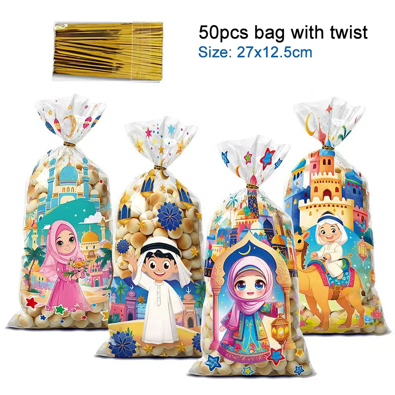 50 Stuks Islamitische Moslim Geschenkzakken Eid Mubarak Plastic Candy Cookie Treat Bag Ramadan Bakken Verpakking Decoratie Benodigdheden 2025 Nieuwe