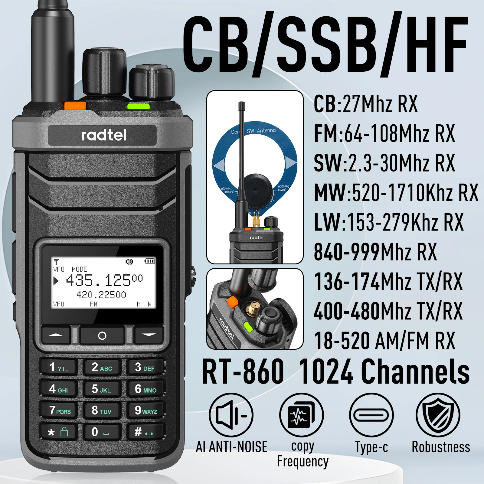 Radtel RT-860 Multi Band Ham Radio HF UHF VHF Dual Band with AM USB LSB CW CB LW MW SW SSB Reception, 1024 Channels, 2000mAh Bat