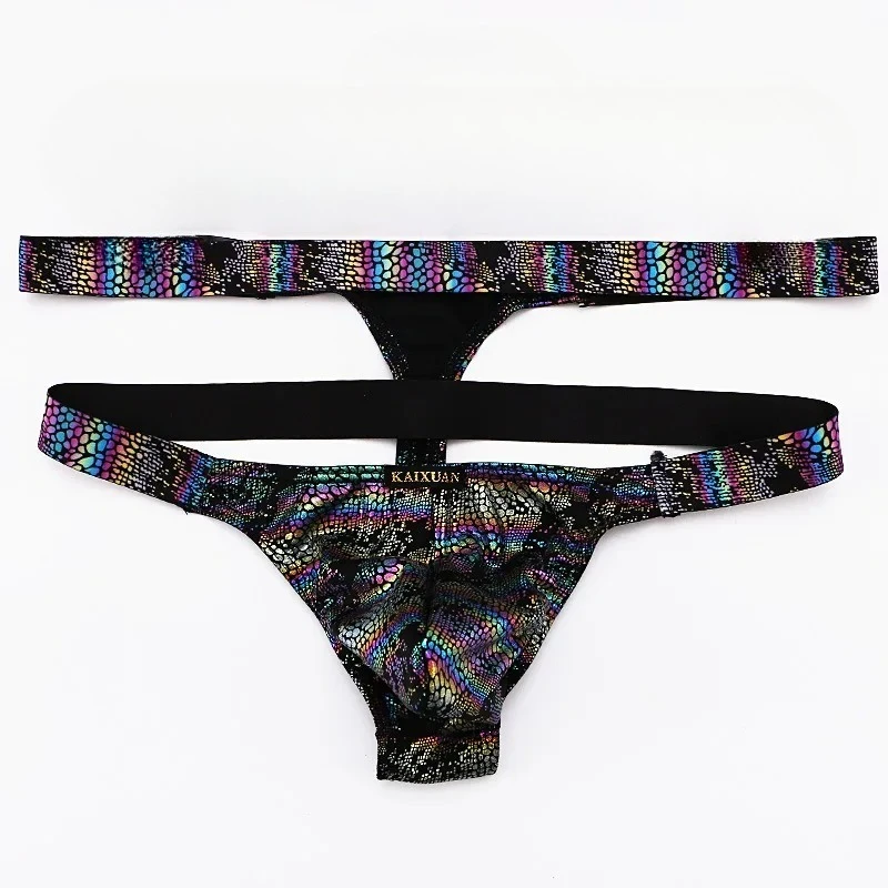 Men Snake Print Faux Leather Suspender T-back Thong Shiny Python Pattern Low Rise Sexy Erotic Male Jockstrap Lingerie