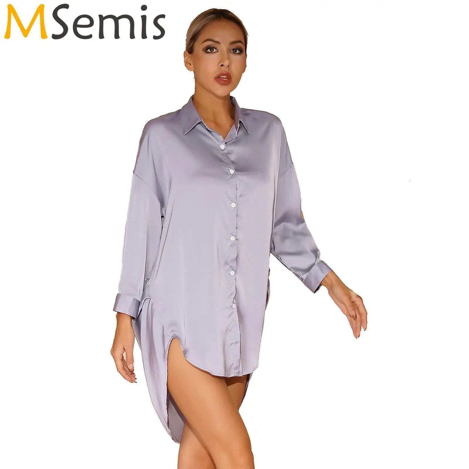 

Womens Long Sleeve Satin Nightshirt Shirt Pajamas Nightwear Homewear Loungewear Button Down Sleepshirt Nightgown with G-string