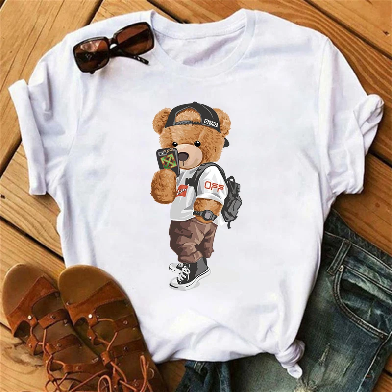 Women\'s Short Sleeve T-shirts Summer Printed Orange Funny Bear Harajuku Style 100%Cotton Tops y2k Streetwear Casual Tee Female