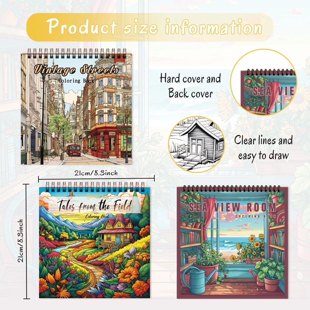 3pcs Coloring Books Cartoon Landscape Designs, 30 Pages Spiral Bound,Perfect for Stress Relief and Relaxation,Gift Ideas