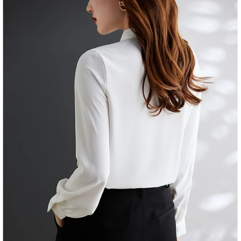 2023 Spring and Autumn Women's Solid Bow Tie Collar Long Sleeve Single Breasted Loose Chiffon Shirt Fashion Elegant Casual Tops