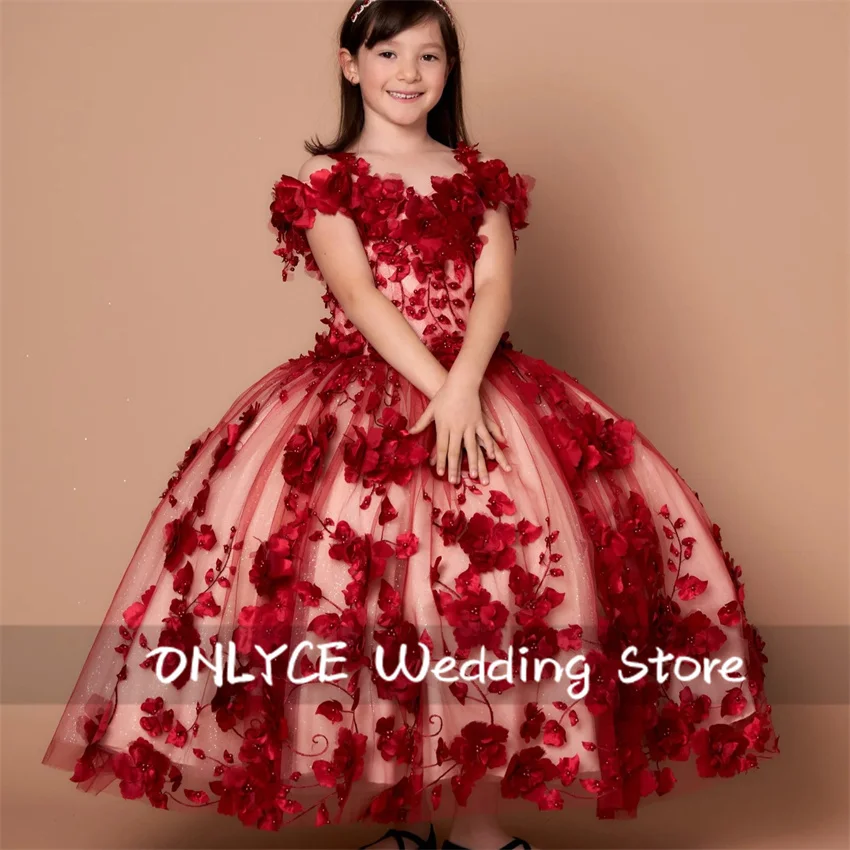 

Exquisite Red Flower Girl Dress For Wedding 3D Applique Tulle Beads Pearls Ball Gown Princess Luxury Birthday Party Customized