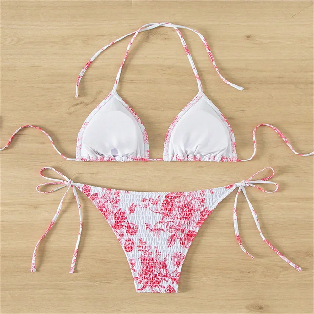Pleated Wrinkled Bikini Print Swimsuit String Lace Up Backless Swimwear Y2K Micro Bathing Suit Women Beach Outfit Bikinis Femmes