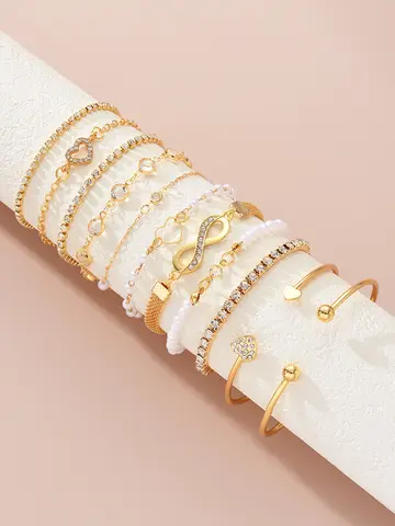 11 Pcs Boho Pearl Crystal Heart Infinity Sign Bracelets for Women Vintage Elegant Gold Color Bracelets Sets New Vacation Jewelry