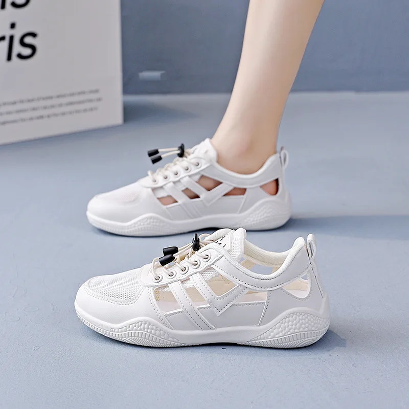 

2025 Summer Women's shoes toe cap sandals look good and versatile hollow out breathable white board shoes for girls