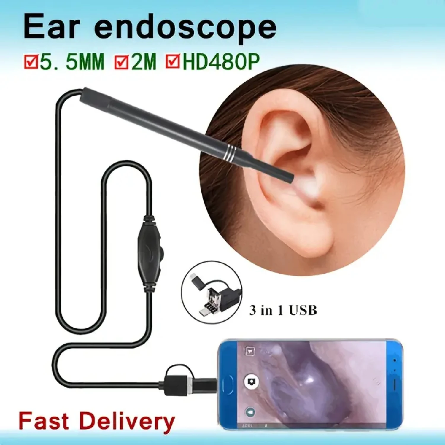 Ear Wax Removal Endoscope - Otoscope, Tool, Ear Protection, Wired USB Connection, Compatible With Ipad, Android For Kids, Adults