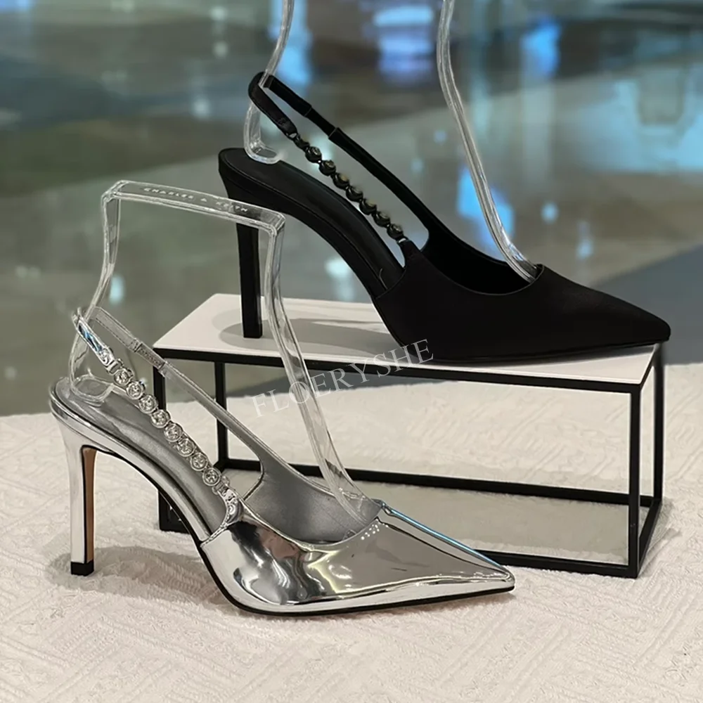 

Silver Rhinestone Banquet Stiletto Pumps Summer New Arrival Solid Luxury Women Thin High Heel Party Weeding Sexy Design Shoes