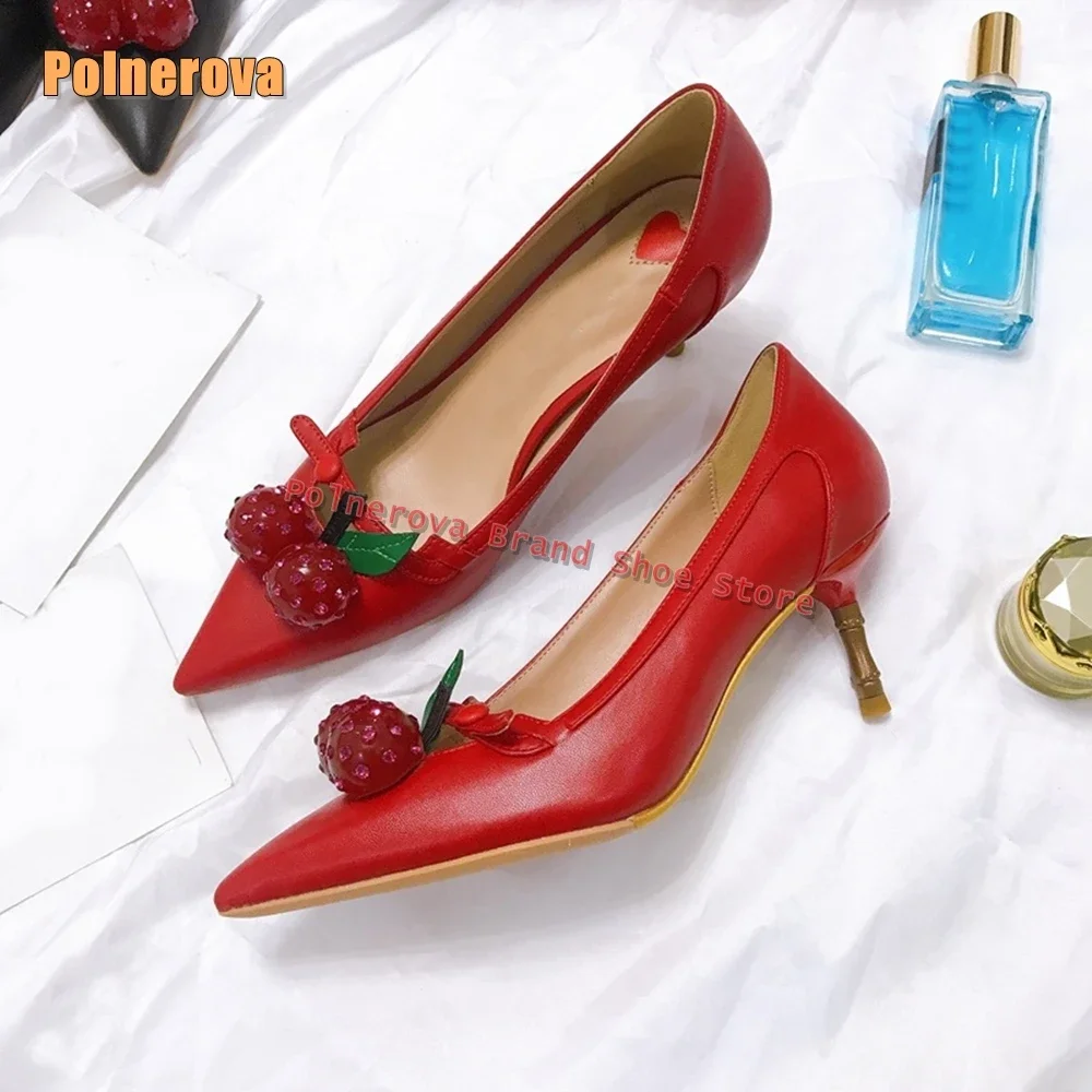 

Women Sweet Sandals 2025 Summer Cherry Decoration Shallow Fashion Pumps Pointed Toe Stiletto Side Air Buckle Strap Hollow Out