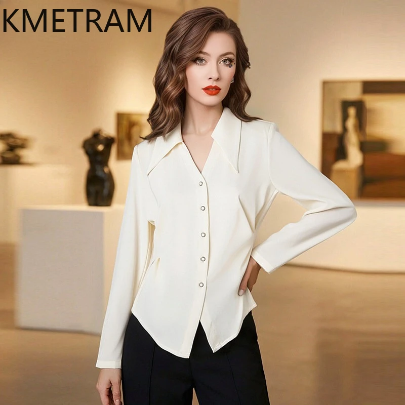 

Женские блузки и рубашки KMETRAM: Элегантная однотонная рубашка с V-образным вырезом для офиса, весенние женские топы 2026 года, новинка в женской одежде