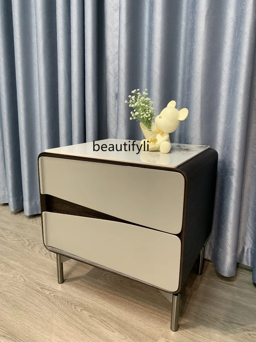 

Italian Minimalist Solid Wood Stone Plate Bedside Table Smoky Minimalist Nordic Bedroom Designer Bedside Cabinet