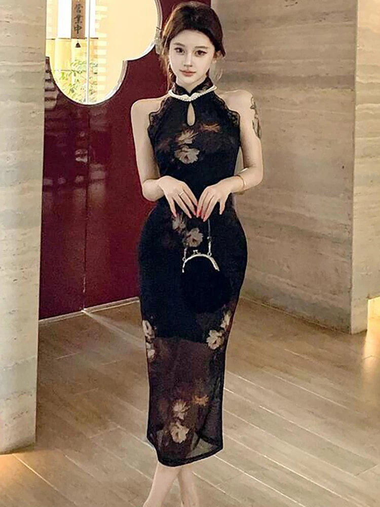 

Вечернее платье-футляр 2026: черное, с цветочным узором, сетчатое, с бисером, воротником-стойкой, винтажное, роскошное, весна-лето, корейский стиль, для женщин