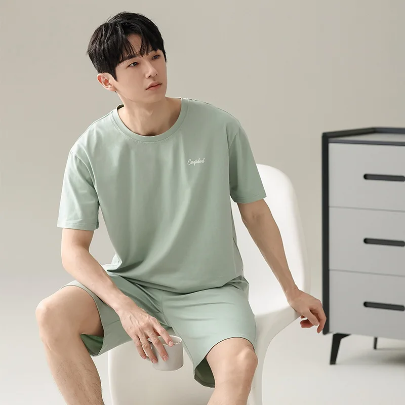 

Мужская однотонная пижама больших размеров с коротким рукавом и круглым вырезом, футболка и шорты, дышащая одежда для сна свободного покроя, одежда для дома, летняя модная пижама