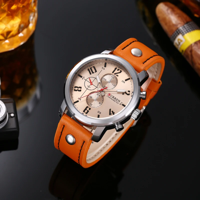 CURREN 8192 Men\'s Quartz Watch Orange Silvery Fashion Creative Cool Leather Strap Wristwatch for Male Chronograph Not Available