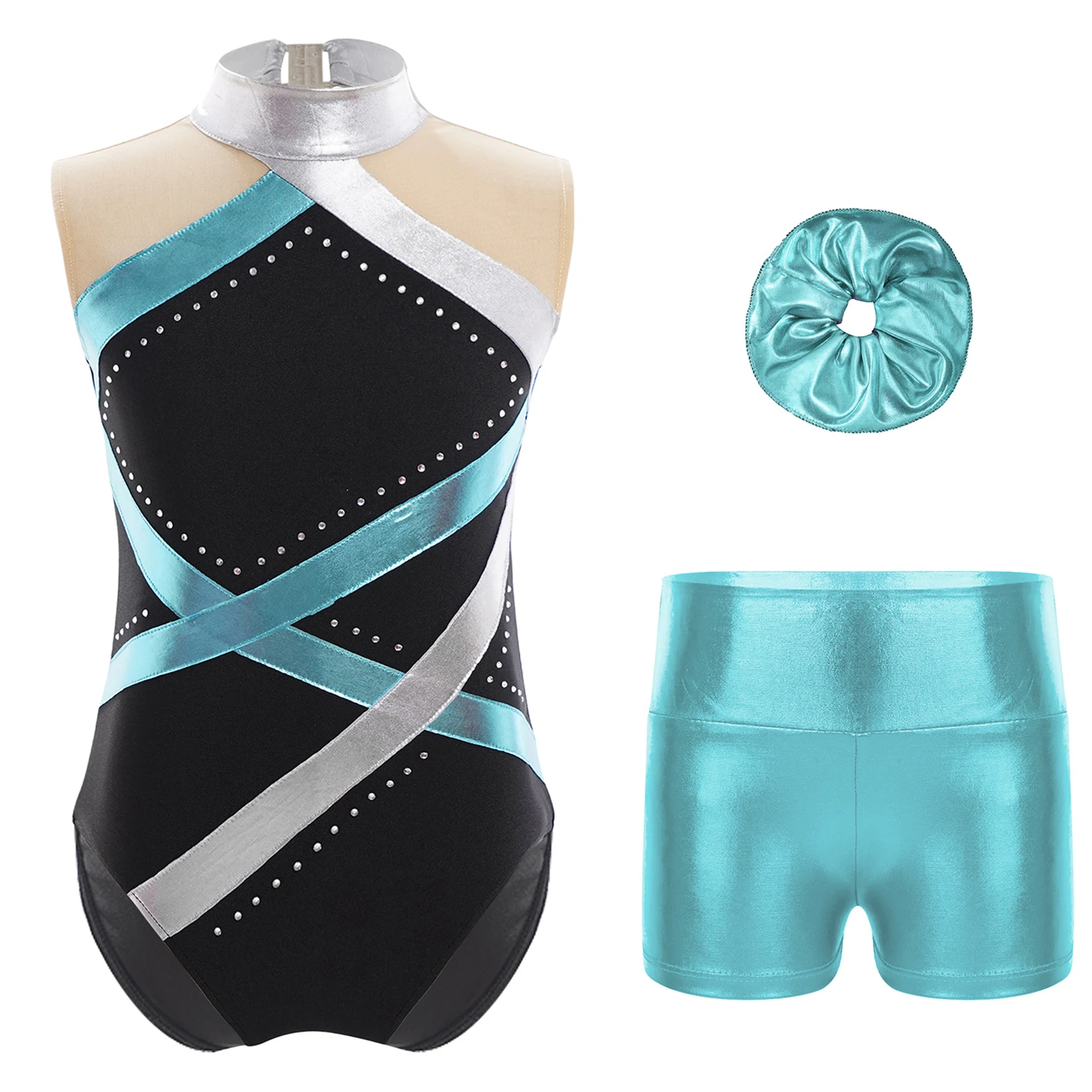 

Girls 3 Piece Gymnastics Leotards Outfit Dance Costume Bodysuit Metallic Shorts And Scrunchie Dance Gym Skating Performance Wear