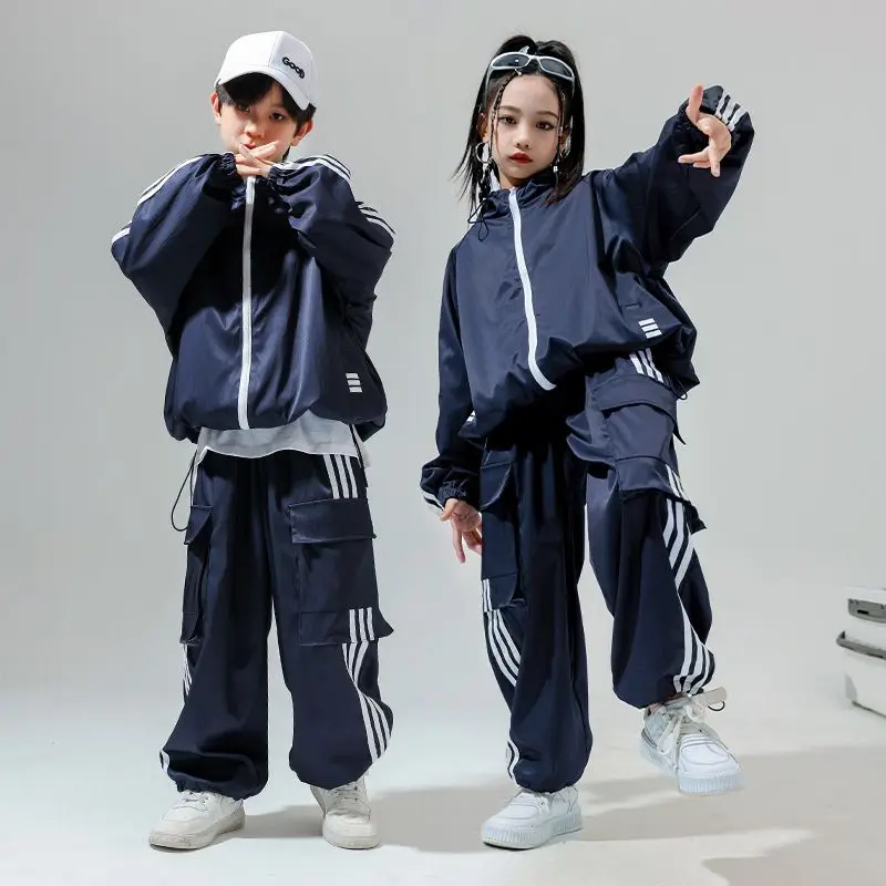 Completo per bambini Costume Hip Hop Danza di strada Pantaloni maglione blu Ragazze Abiti da ballo jazz Vestito da performance Hiphop Abbigliamento rave