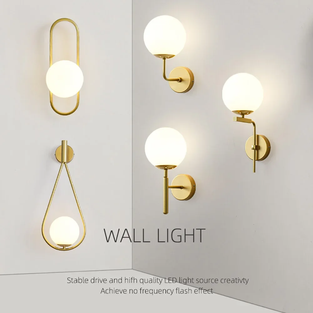 

Modern Wall Light Semi Flush Mount Warm Simple Glass Shade Iron Gold Wall Lamp For Bedroom Bedside Creative Spherical Aisle