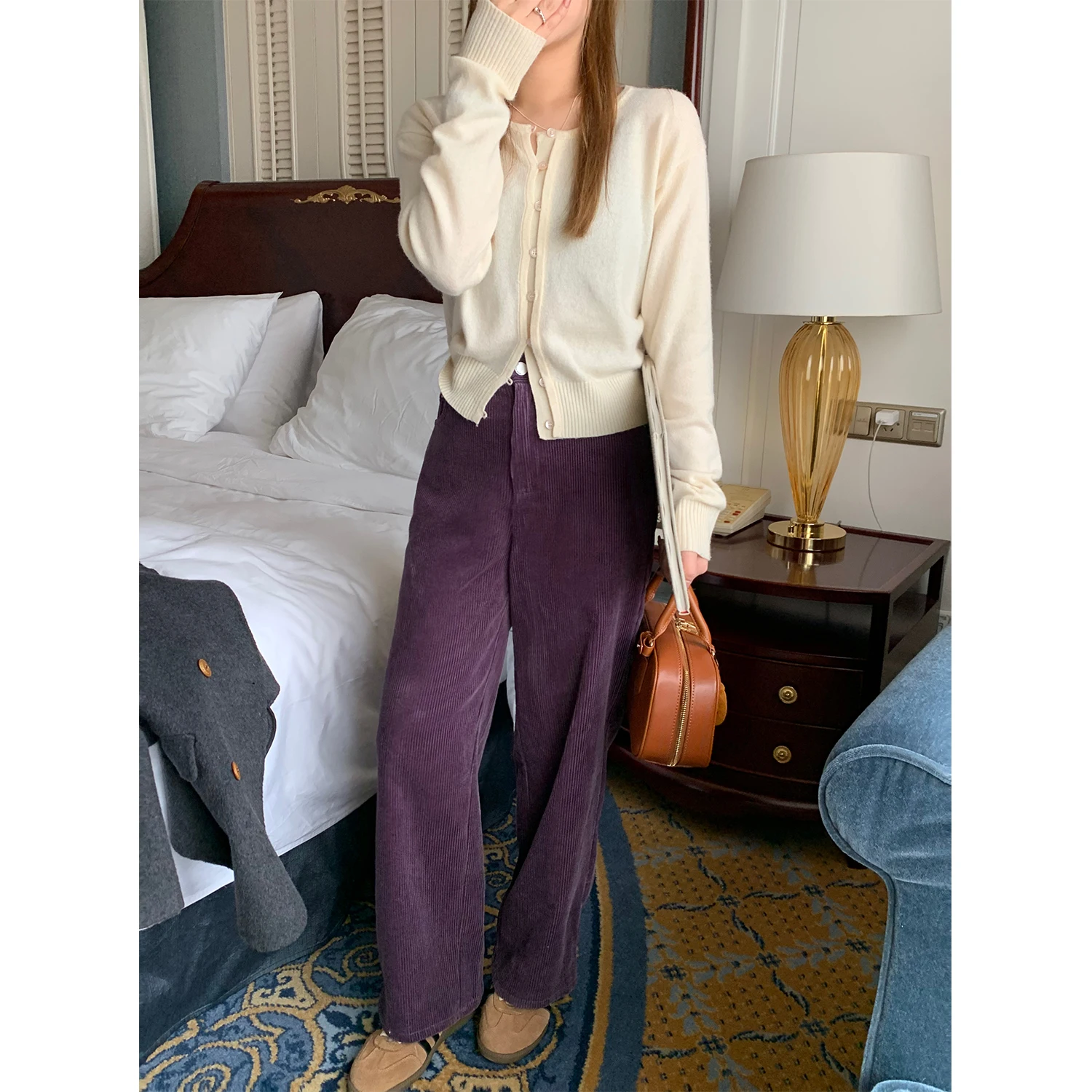 

Y Studio Women's Loose Straight Leg Corduroy Pants Purple Casual Autumn Winter Korean Sle Retro Long Trousers