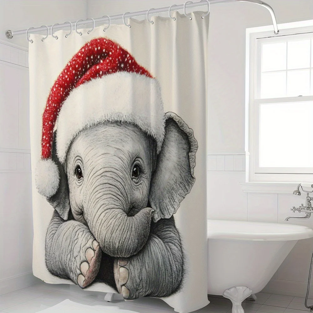 Cute Christmas Elephant Shower Curtain Holiday Bath Decor Cartoon Xmas Animal Waterproof Bathroom Decor Accessories for Shower