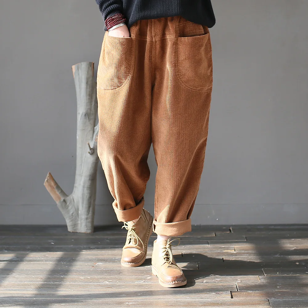 

NINI WONDERLAND Autumn Women Elastic Waist Cotton Corduroy Loose Trousers 2023 Female Casual Harem Pants Spring Vintage Pants